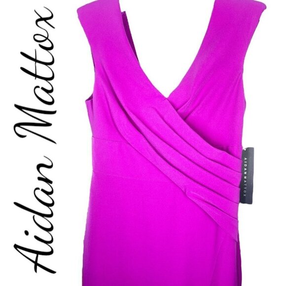 NWT AIDAN MATTOX Draped Sheath Evening Gown Fuchsia Magenta V-Neck, Size 2 - Picture 7 of 14